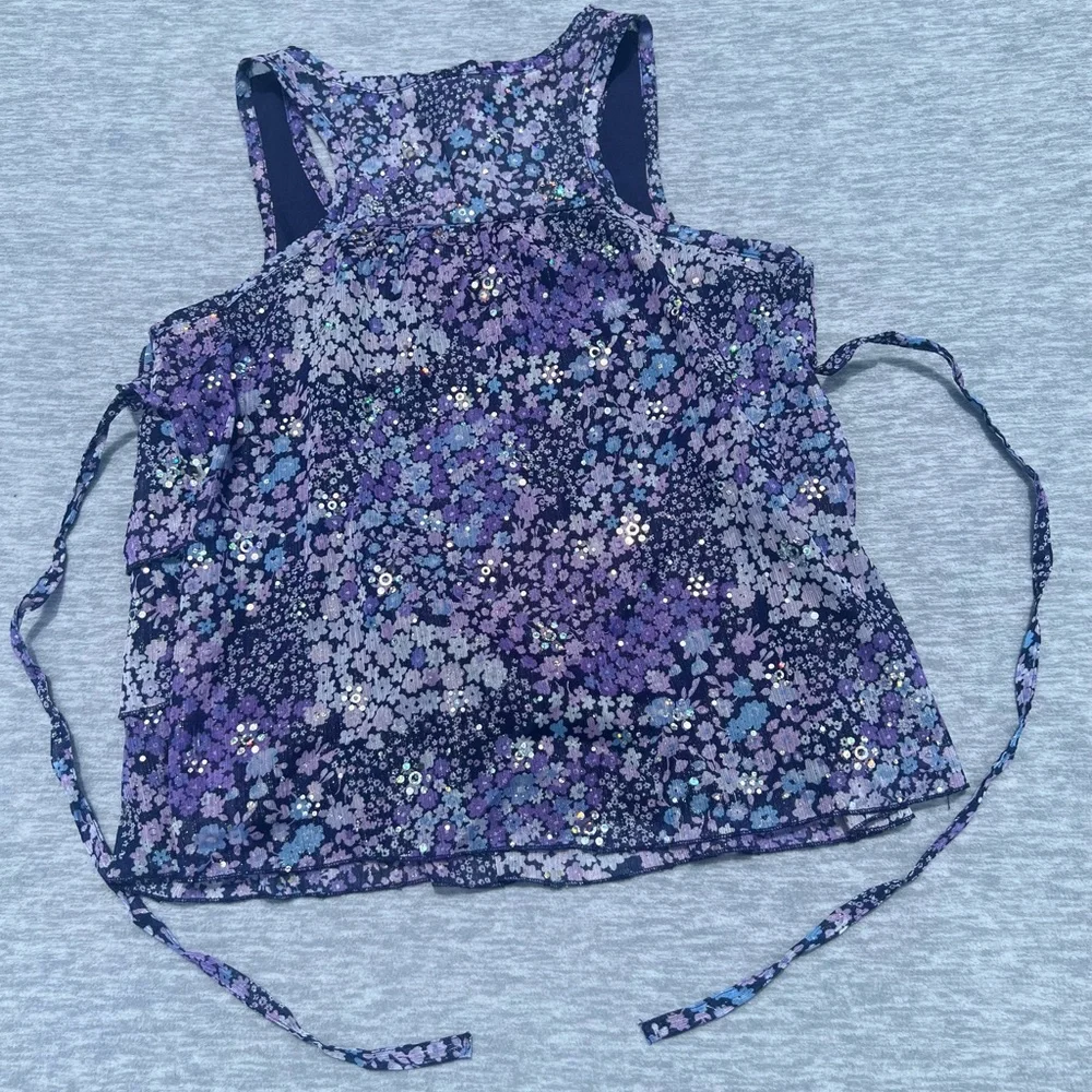Justice girls size 16 purple floral‎ glitter tiered ruffles tie back tank top